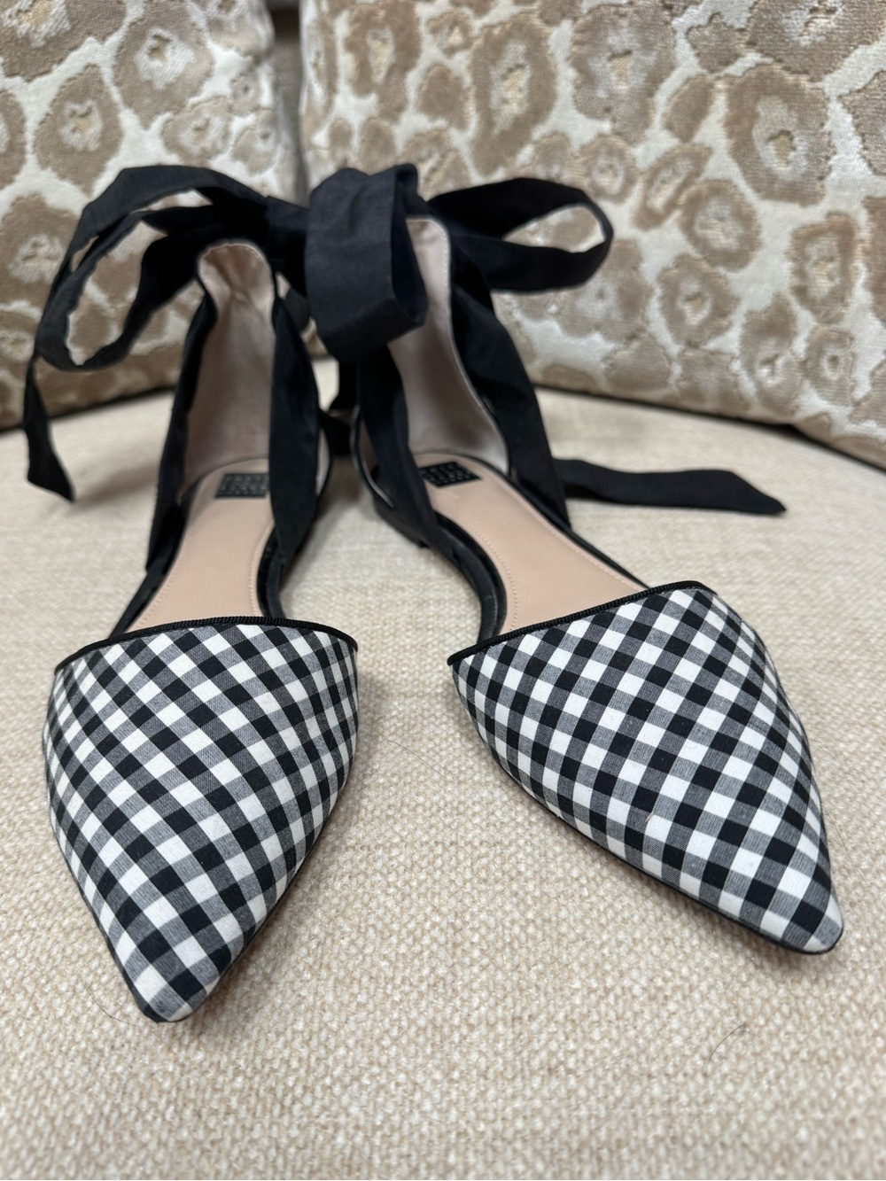 White House Black Market | Flats | Black and White Gingham | Ankle Tie | 8
